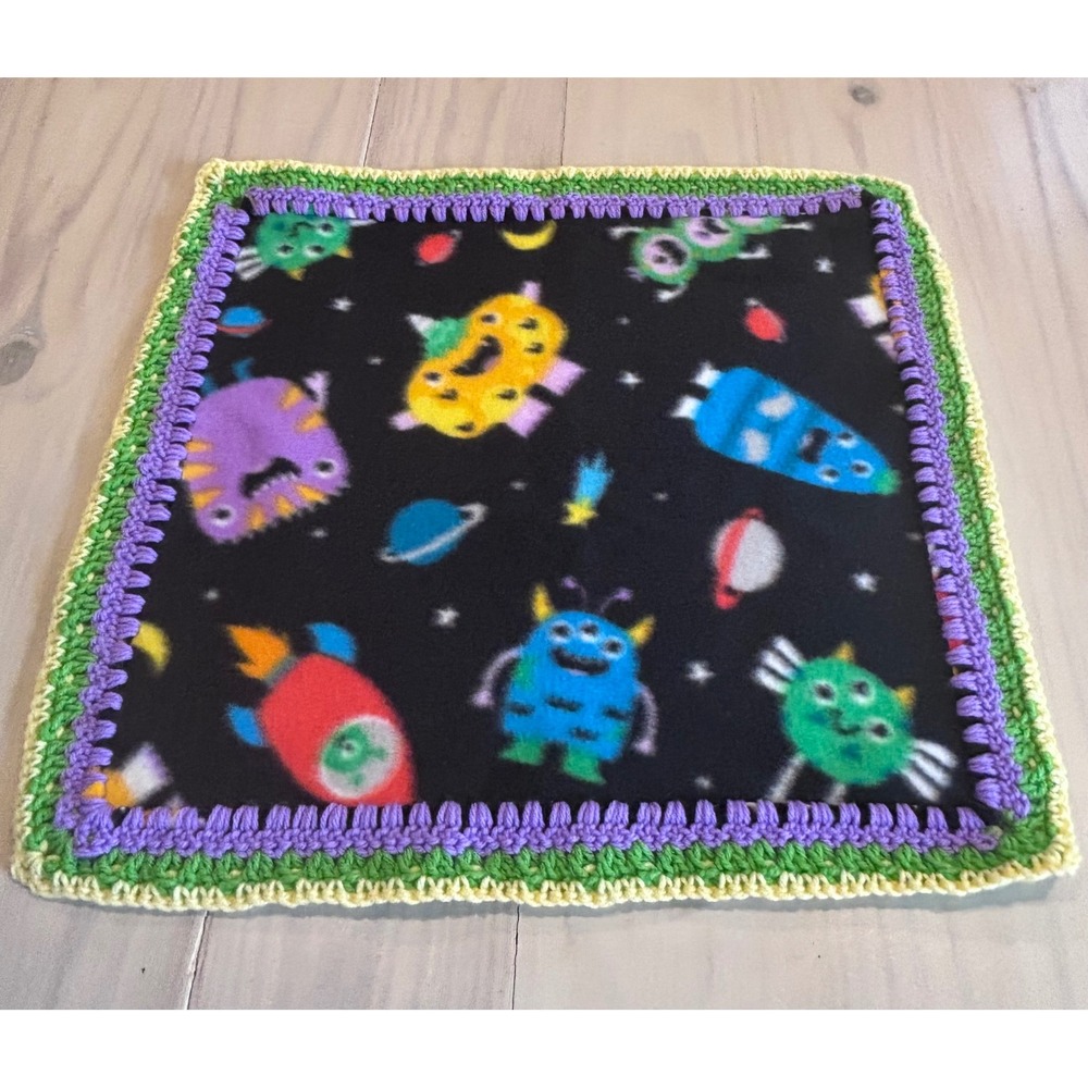 Handmade Space Monster Fleece Baby Security Blanket Crochet Border Black 20x20